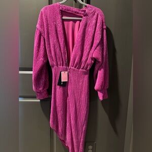 NWT | HOT PINK SEQUIN OPEN BACK BALLOON SLEEVE MIDI DRESS